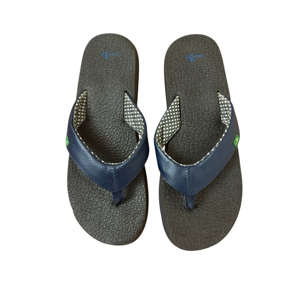 Sanuk Yoga Mat Cushioned Flip Flop Sandals Navy Blue Vegan Leather Women Size 9